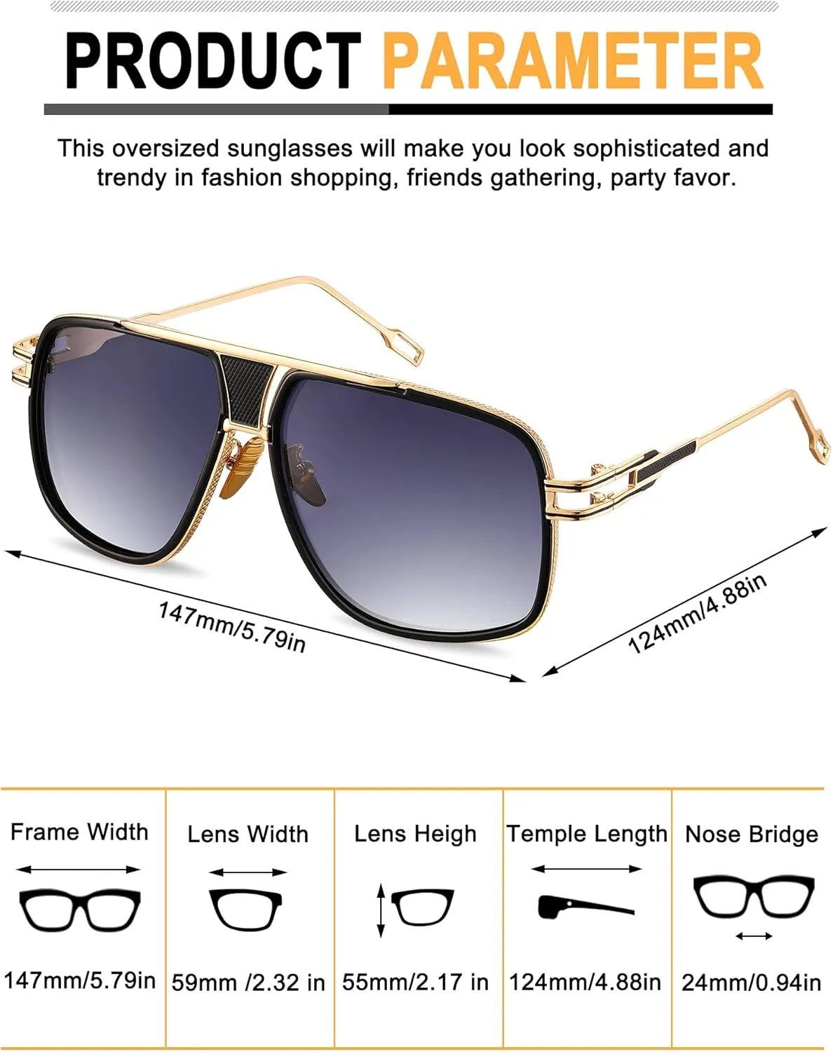 Frienda 3 Pairs Retro Sunglasses for Men Oversized Men Shades Glasses Fashion Alloy Metal Gold Frame Polarized Sun Glasses