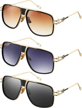Frienda 3 Pairs Retro Sunglasses for Men Oversized Men Shades Glasses Fashion Alloy Metal Gold Frame Polarized Sun Glasses