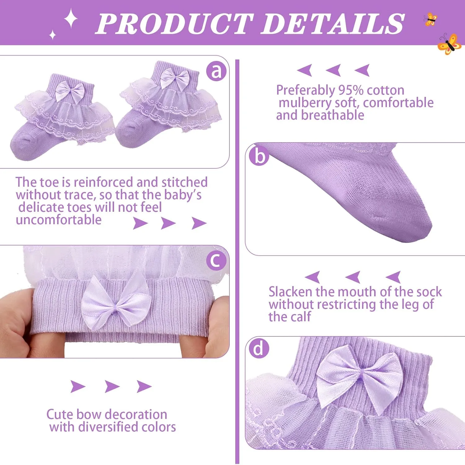 Hillban 9 Pairs Baby Lace Socks Girls' Ruffle Socks for Newborn Infants Princess Frilly Lace Cotton