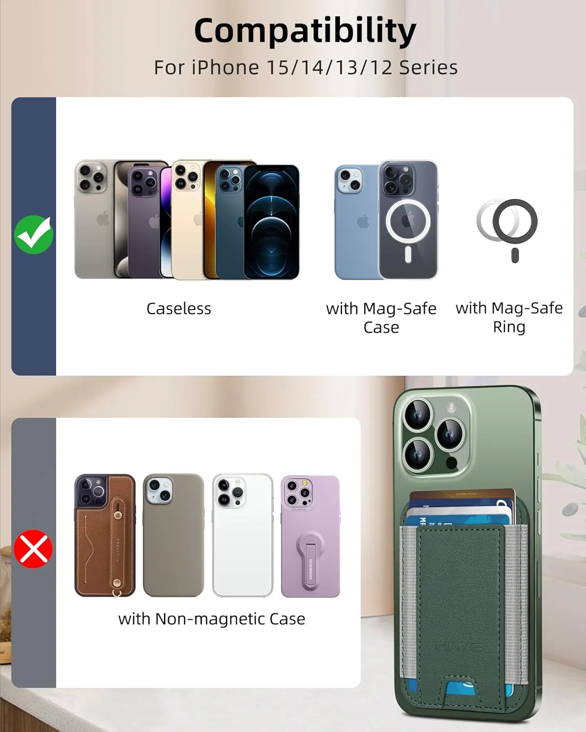 HiWe for MagSafe Wallet, Strongest Magnetic Wallet for iPhone 16/15/14/13/12 Series, 7 Cards Holder, Magnetic Phone Wallets, Leather Minimalist Slim RFID Wallets, 1 Slot, Green