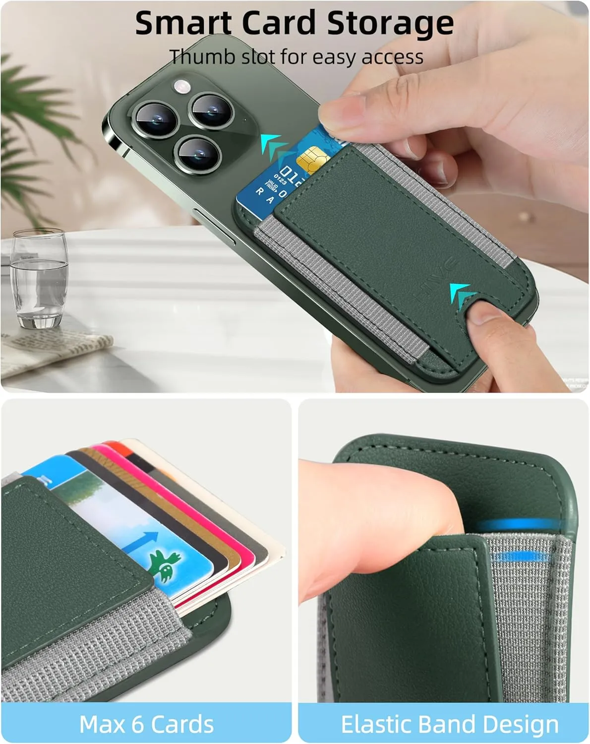 HiWe for MagSafe Wallet, Strongest Magnetic Wallet for iPhone 16/15/14/13/12 Series, 7 Cards Holder, Magnetic Phone Wallets, Leather Minimalist Slim RFID Wallets, 1 Slot, Green