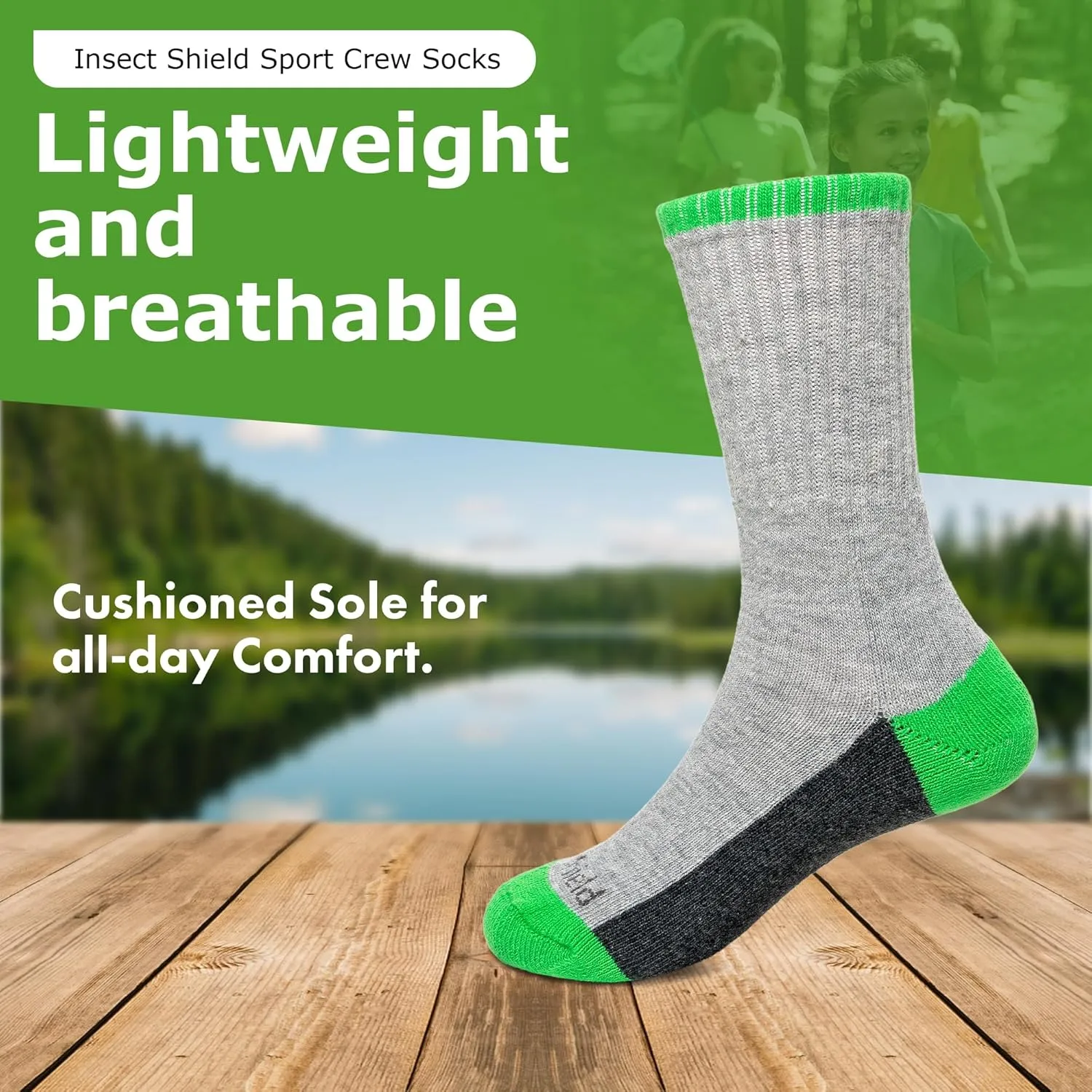 Kids Sport Crew Sock, Padded Athletic Crew Socks With Odorless & Invisible Permethrin Insect & Tick Protection