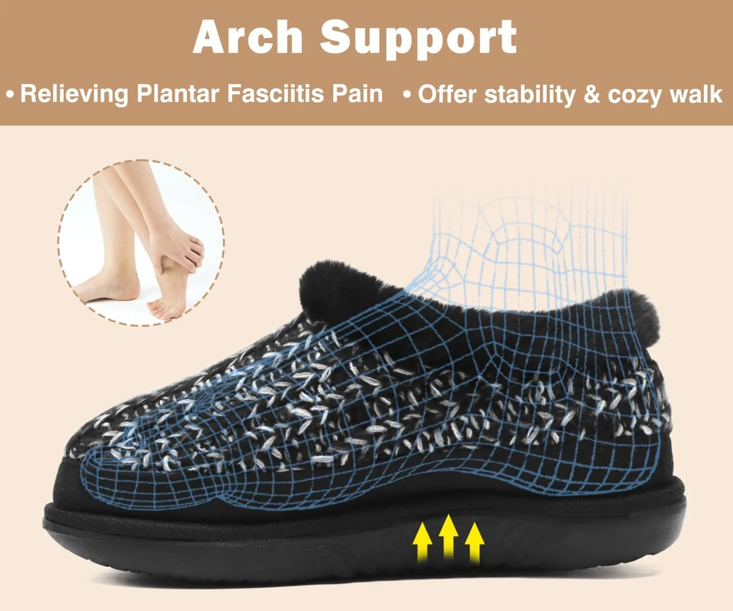 KuaiLu House Slippers for Women Comfortable Memory Foam Plaid Slipper Ladies Warm Fuzzy Plush Fur Lined Winter Home Shoes Orthotic Plantar Fasciitis Arch Support Indoor Outdoor