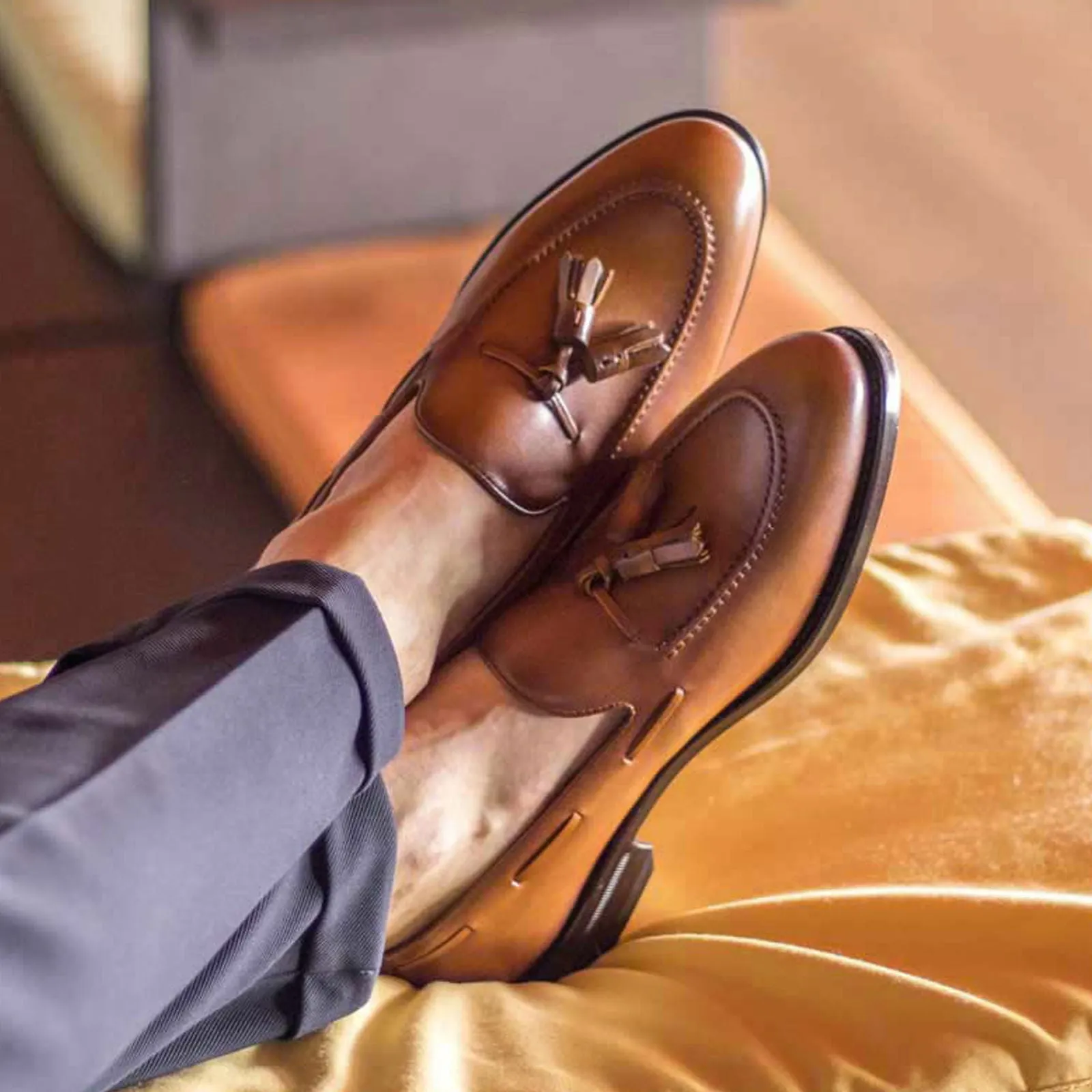 Men's Loafer Leather Shoes Goodyear Welt Wide Plus Size Brown 5011