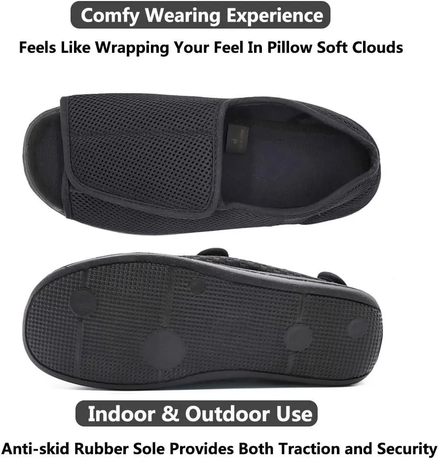 Men's Open Toe Diabetic Recovery Slippers, Adjustable Orthopedic Wide Width Walking Shoes for Arthritis Edema Swollen Feet Elderly Men
