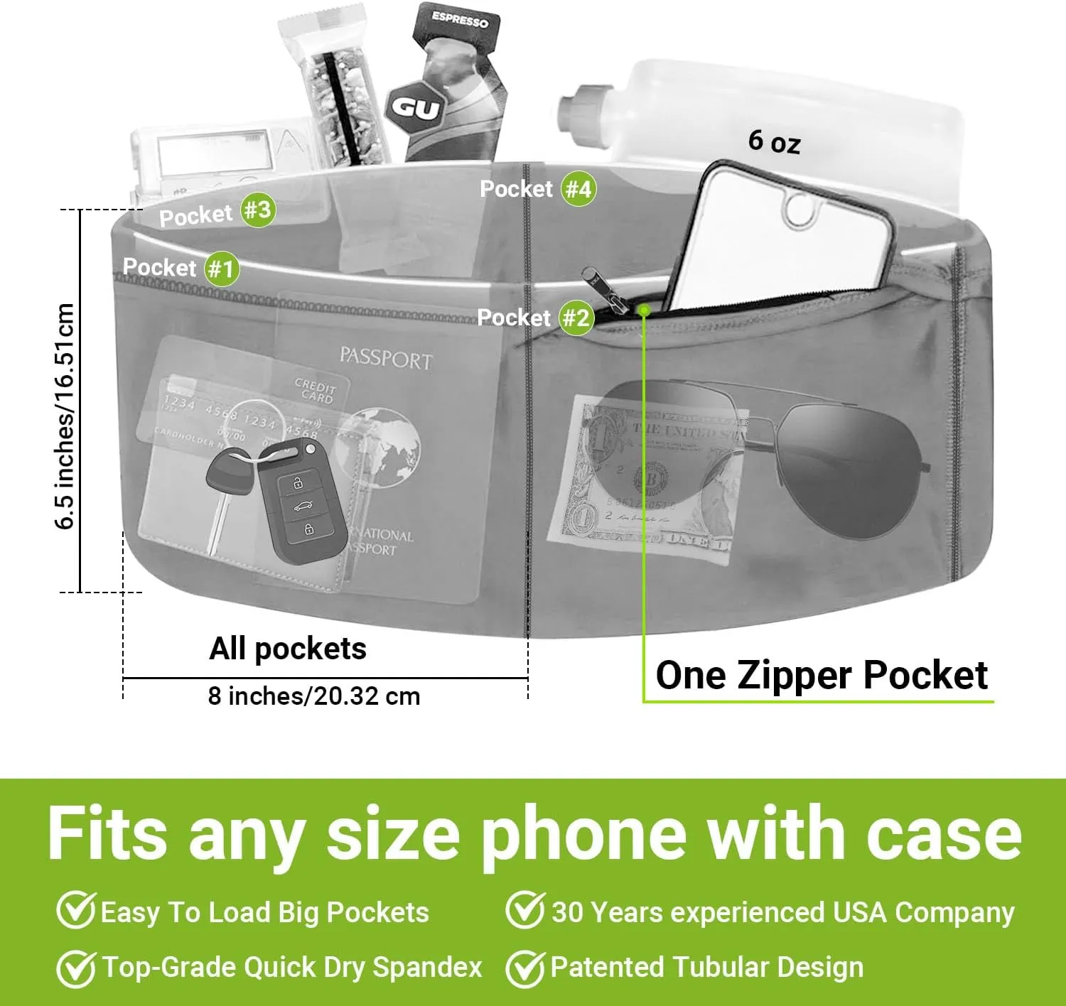 StashBandz Unisex Travel Money Belt, Running Belt, Fanny and Waist Pack, 4 Large Security Pockets -1 Zipper Pocket, Fits All Size Phones Passport and More