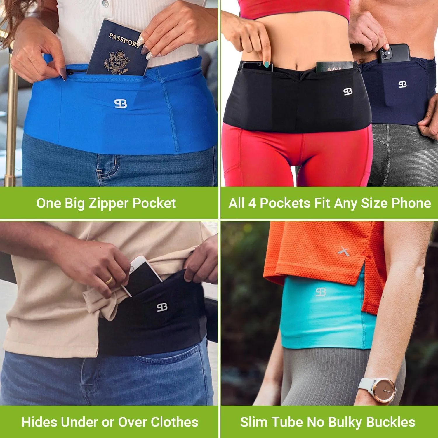 StashBandz Unisex Travel Money Belt, Running Belt, Fanny and Waist Pack, 4 Large Security Pockets -1 Zipper Pocket, Fits All Size Phones Passport and More
